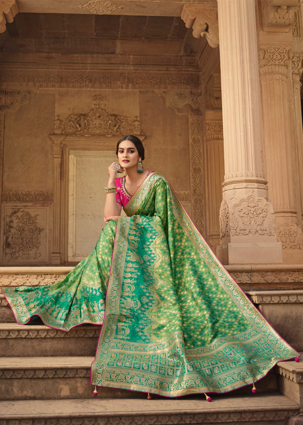 Buy MySilkLove Amulet Green and Pink Zari Woven Banarasi Saree with Designer Blouse Online