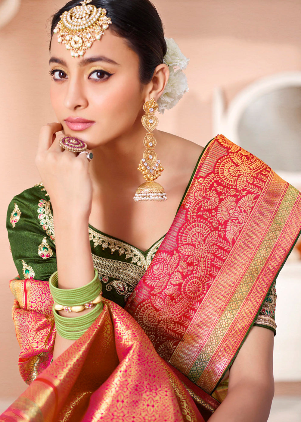 Buy MySilkLove Wild Pink and Green Zari Woven Banarasi Saree with Designer Blouse Online