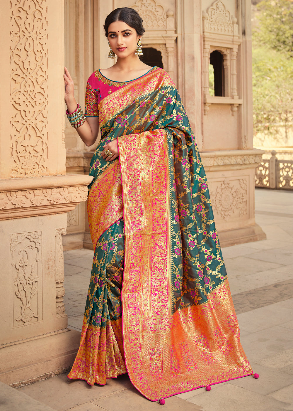 Buy MySilkLove Mineral Dark Green Zari Woven Banarasi Saree with Designer Blouse Online