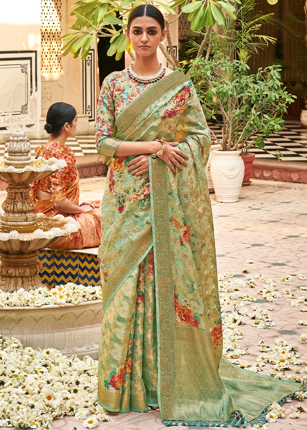 Buy MySilkLove Pine Glade Green Digital Printed Brasso Saree Online