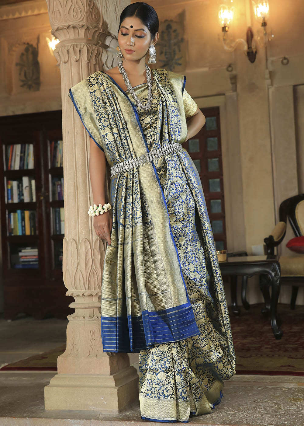 Buy MySilkLove Biscay Blue and Golden Katan Pure Silk Handwoven Shikargah Saree Online