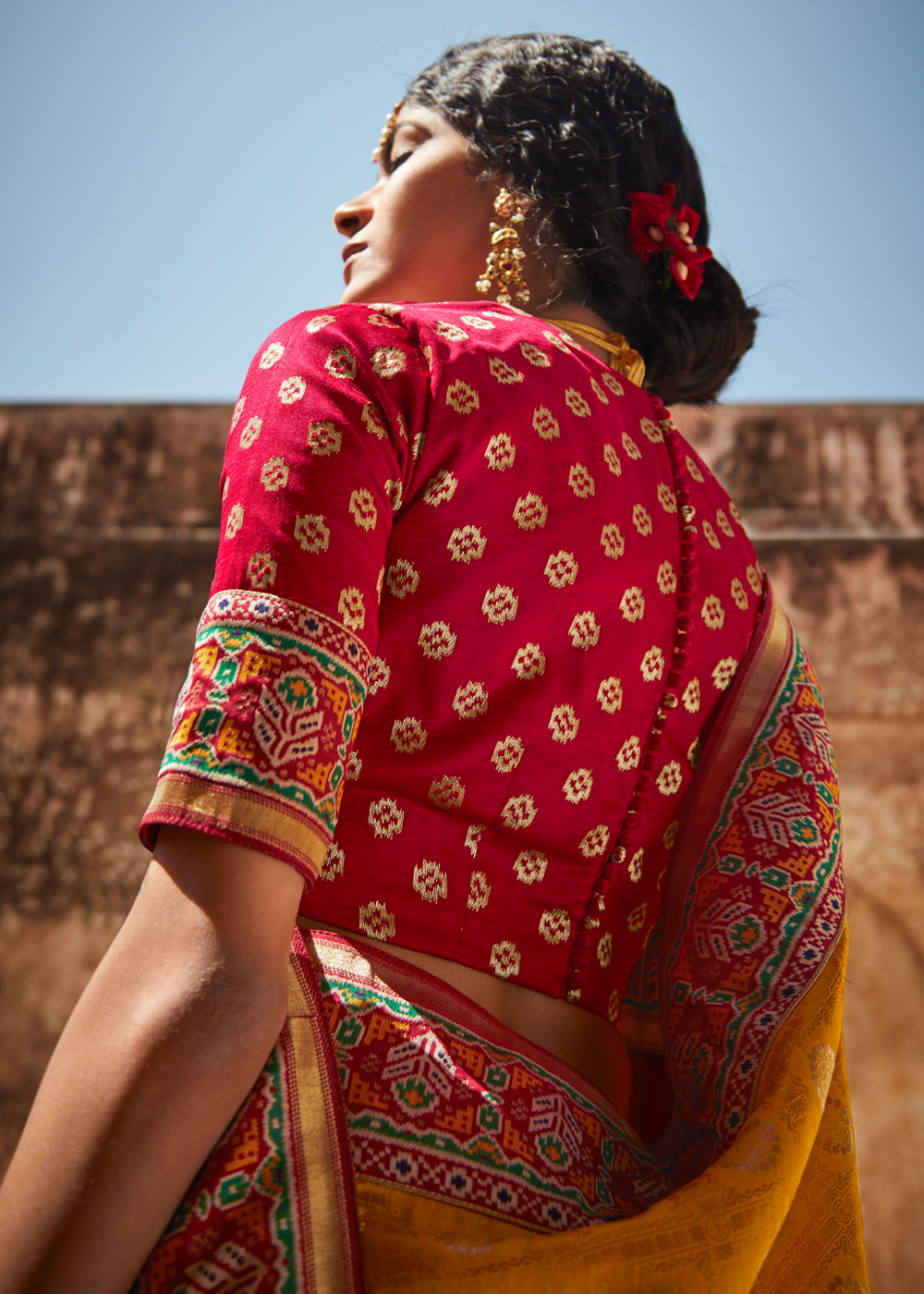 Buy MySilkLove Golden Yellow and Red Zari Woven Designer Banarasi Saree Online
