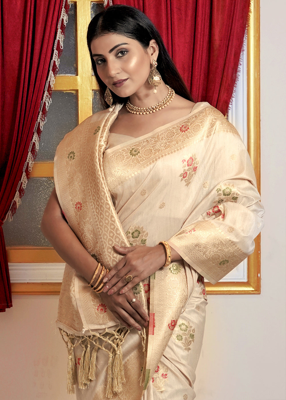 Buy MySilkLove Hampton Cream Banarasi Saree Online