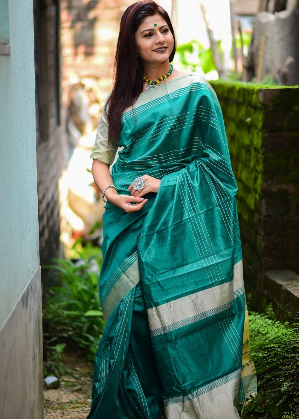 Buy MySilkLove Viridian Green Handloom Raw Silk Saree Online