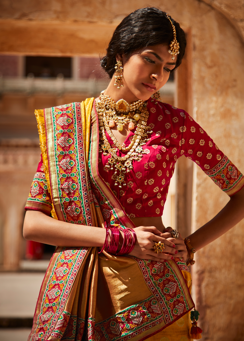 MySilkLove Golden Yellow and Red Zari Woven Designer Banarasi Saree