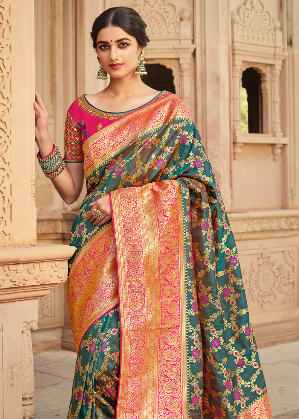 Buy MySilkLove Mineral Dark Green Zari Woven Banarasi Saree with Designer Blouse Online