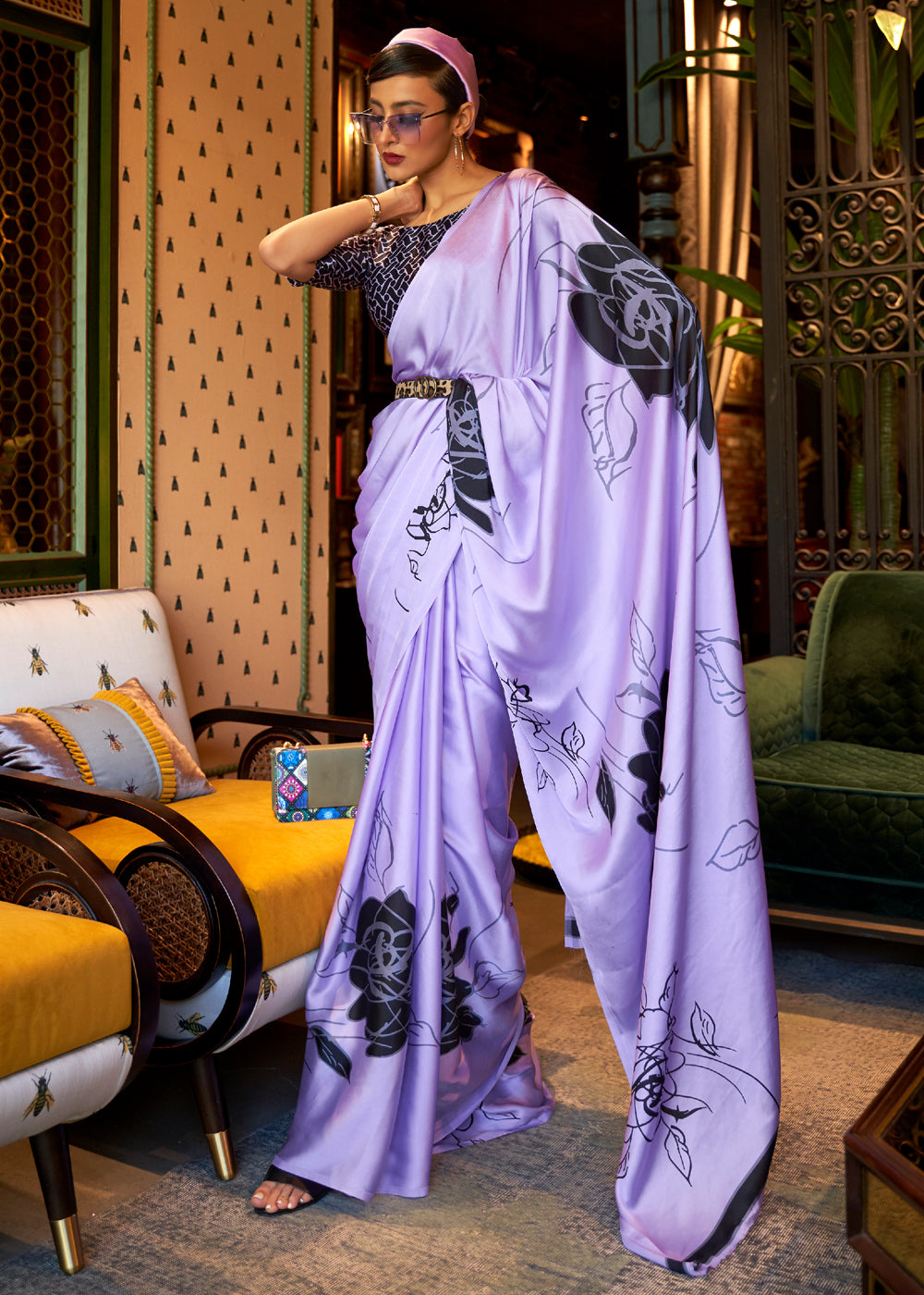 Buy MySilkLove Light Wisteria Purple Printed Satin Silk Saree Online