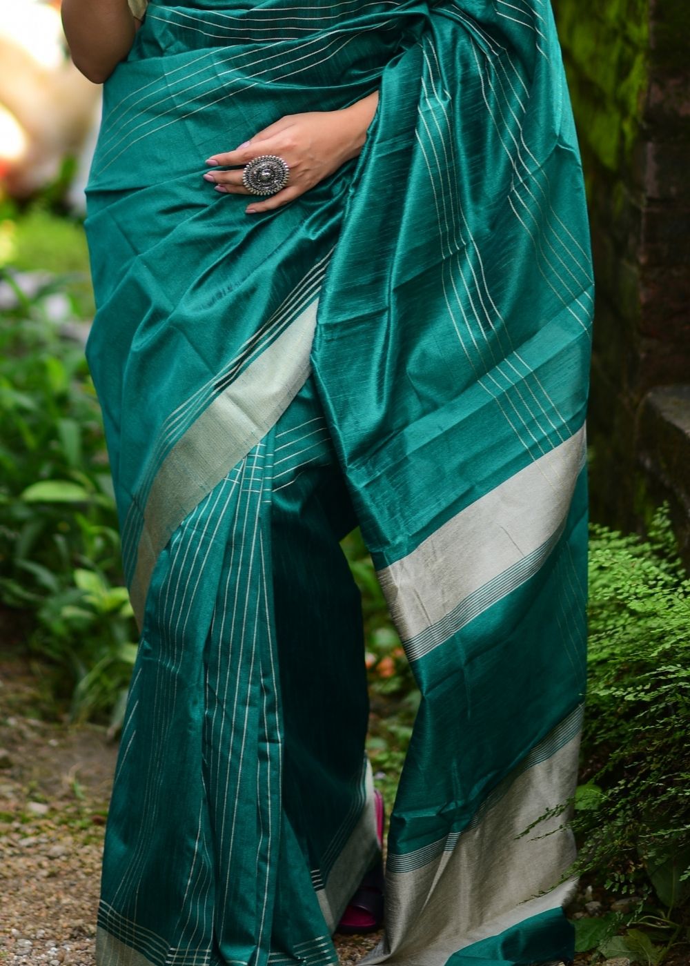 Buy MySilkLove Viridian Green Handloom Raw Silk Saree Online