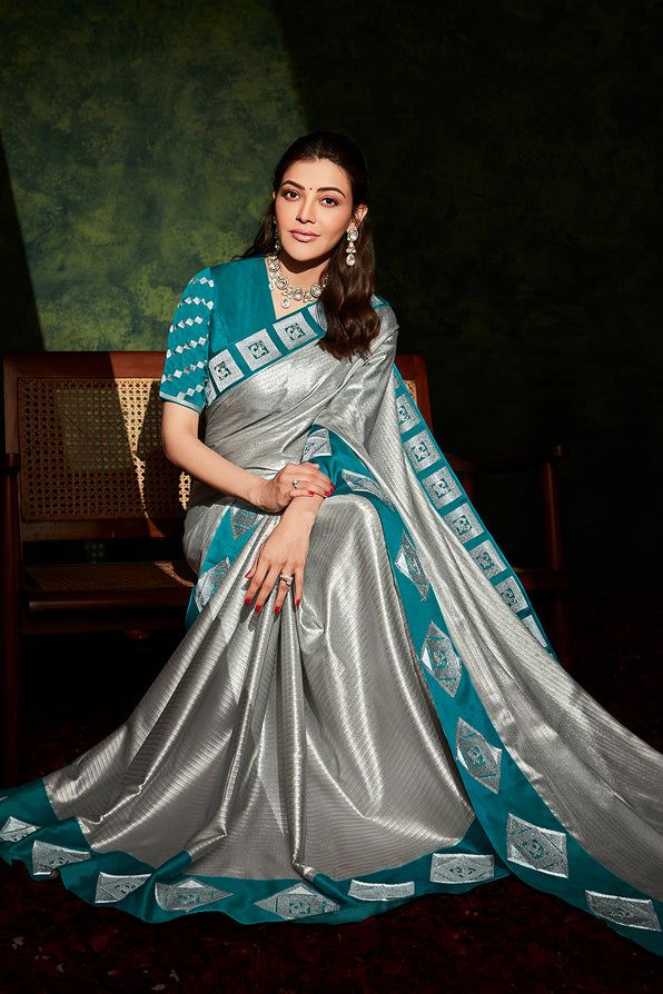 Buy MySilkLove Bison Silver and Blue South Silk Saree Online