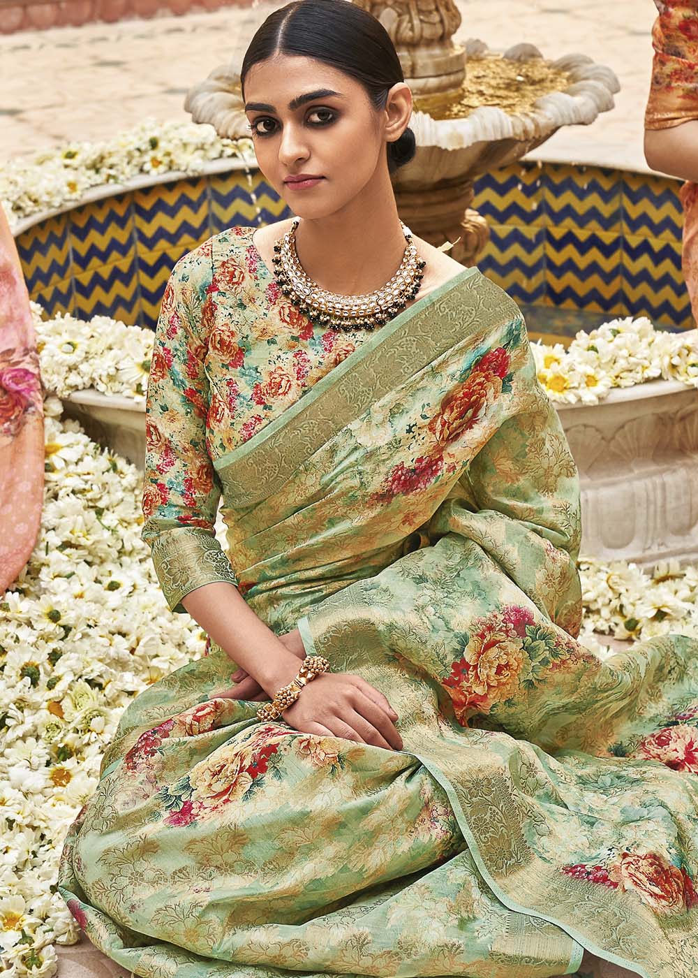 Buy MySilkLove Pine Glade Green Digital Printed Brasso Saree Online