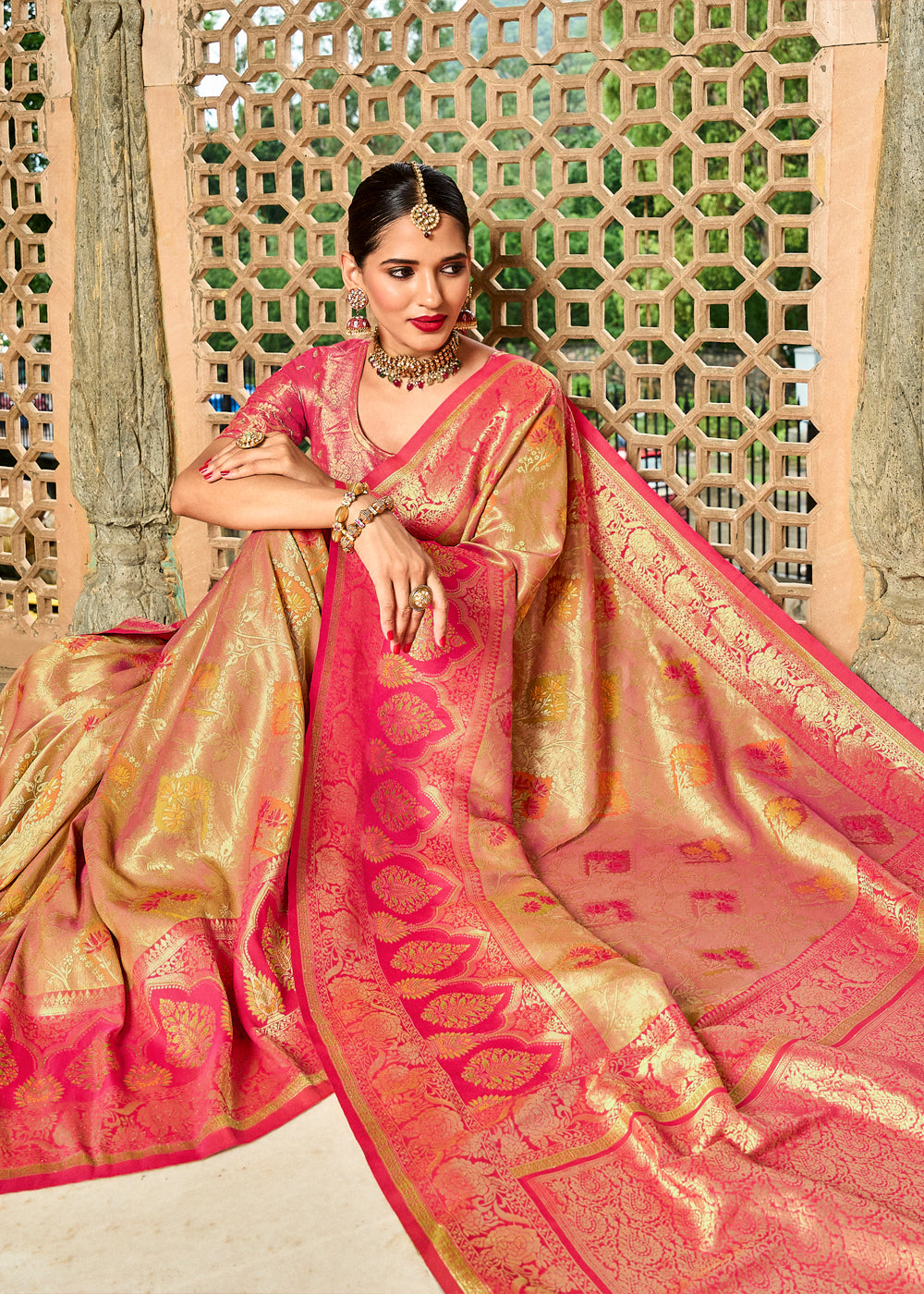 Buy MySilkLove Butter Light Brown and Pink Designer Banarasi Saree Online