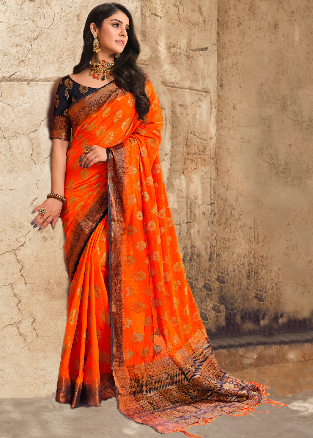 Buy MySilkLove Blaze Orange Woven Banarasi Raw Silk Saree Online