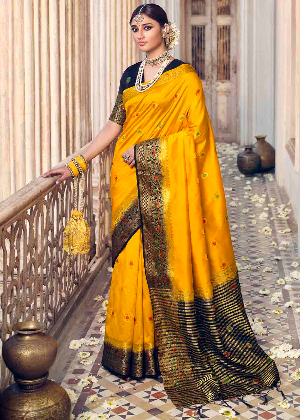 Buy MySilkLove Bright Sun Yellow and Blue Zari Woven Banarasi Raw Silk Saree Online