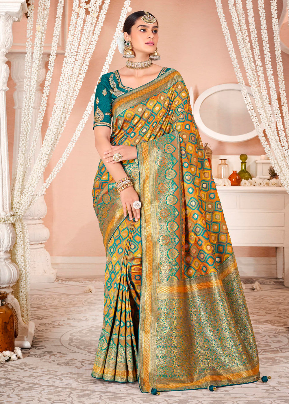 Buy MySilkLove Neon Yellow and Blue Zari Woven Banarasi Saree with Designer Blouse Online