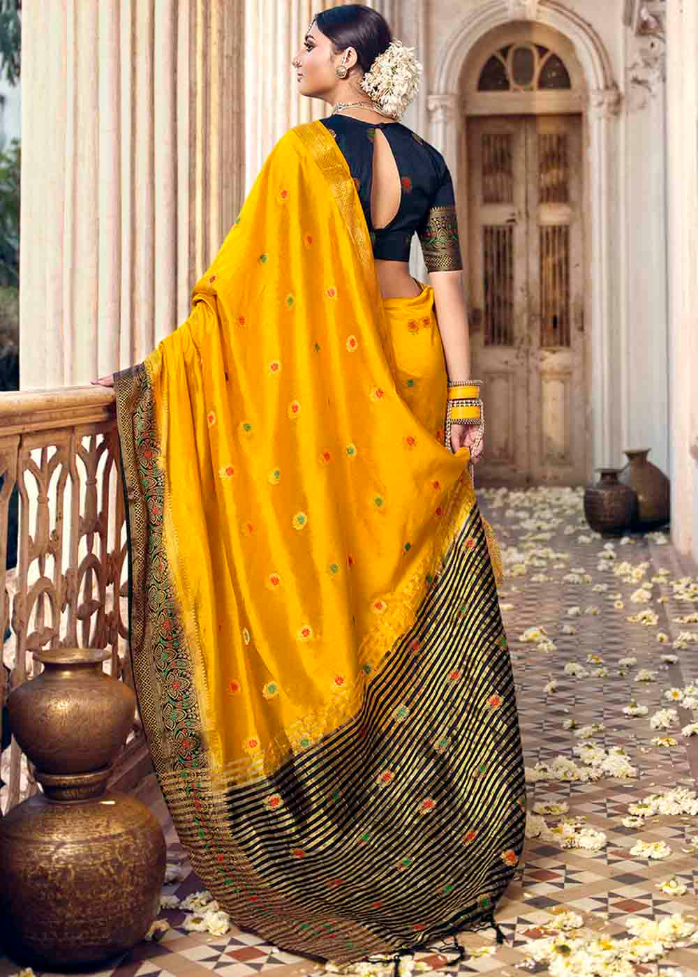 Buy MySilkLove Bright Sun Yellow and Blue Zari Woven Banarasi Raw Silk Saree Online