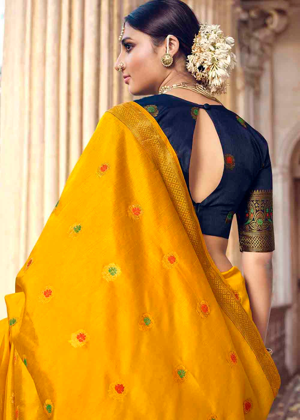 Buy MySilkLove Bright Sun Yellow and Blue Zari Woven Banarasi Raw Silk Saree Online