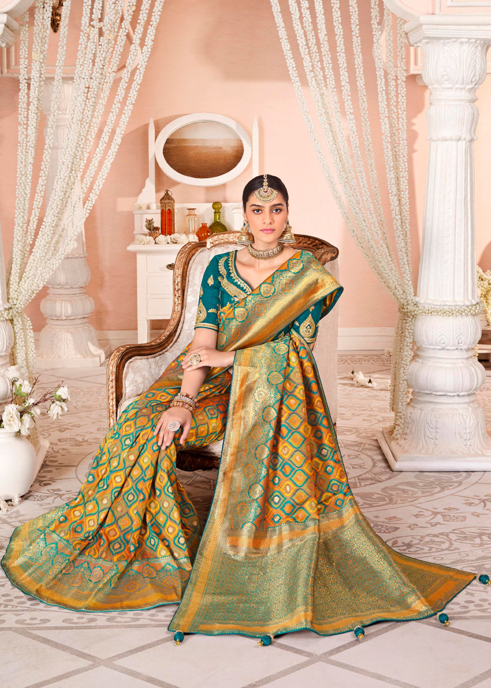 Buy MySilkLove Neon Yellow and Blue Zari Woven Banarasi Saree with Designer Blouse Online