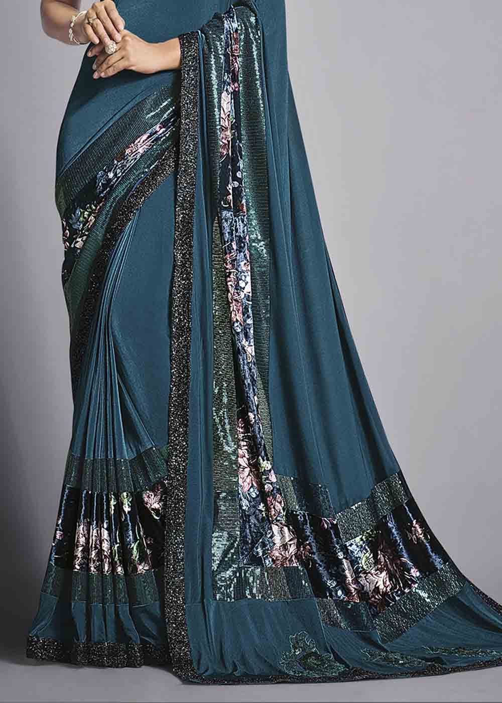 Buy MySilkLove Blue Bayoux Designer Lycra Saree with Embroidery Work Online