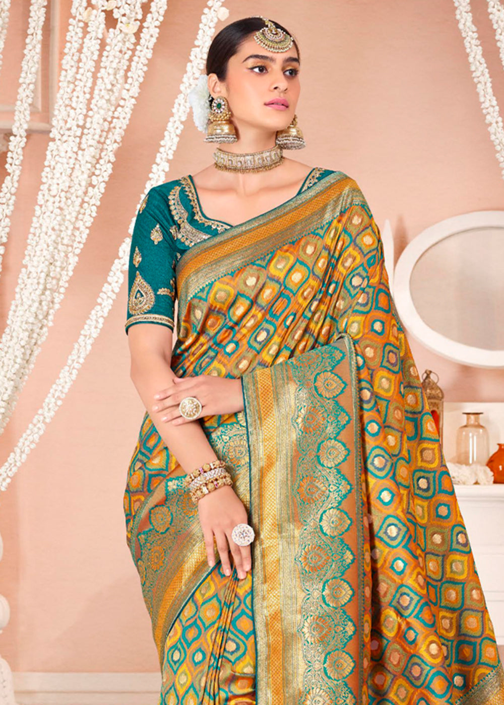 Buy MySilkLove Neon Yellow and Blue Zari Woven Banarasi Saree with Designer Blouse Online