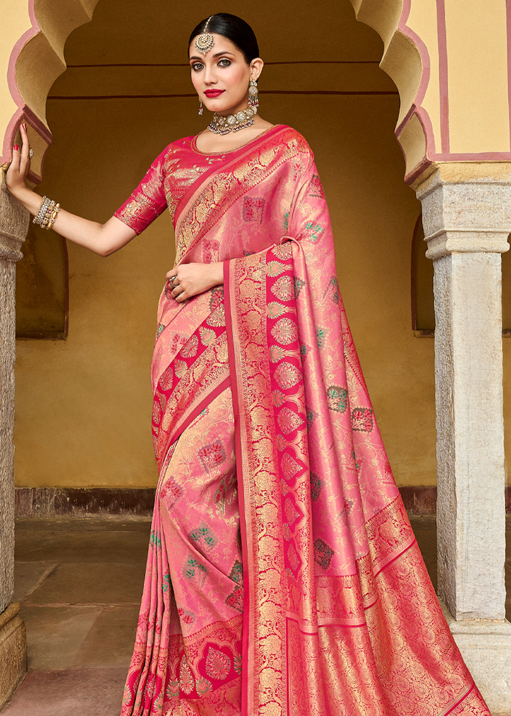 Buy MySilkLove Melon Pink Designer Banarasi Saree Online