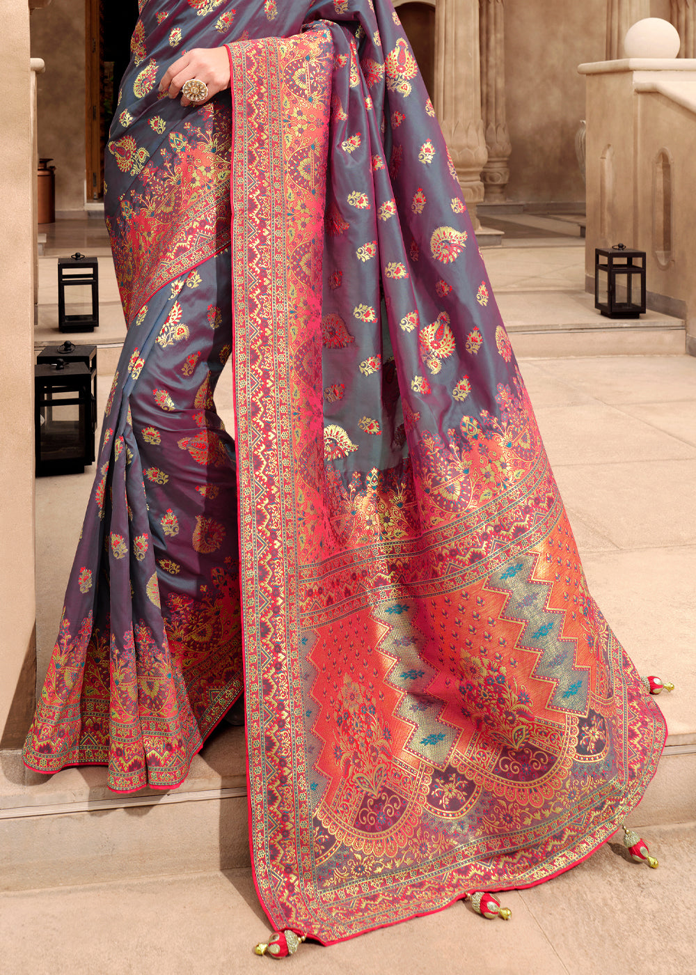 Buy MySilkLove Mobster Purple and Red Woven Designer Banarasi Silk Saree Online