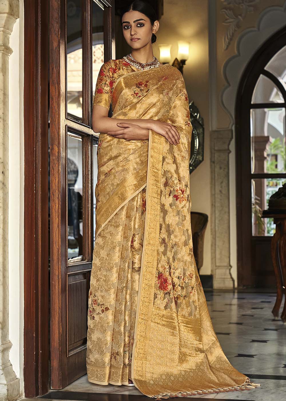 Buy MySilkLove Tussock Yellow Digital Printed Brasso Saree Online