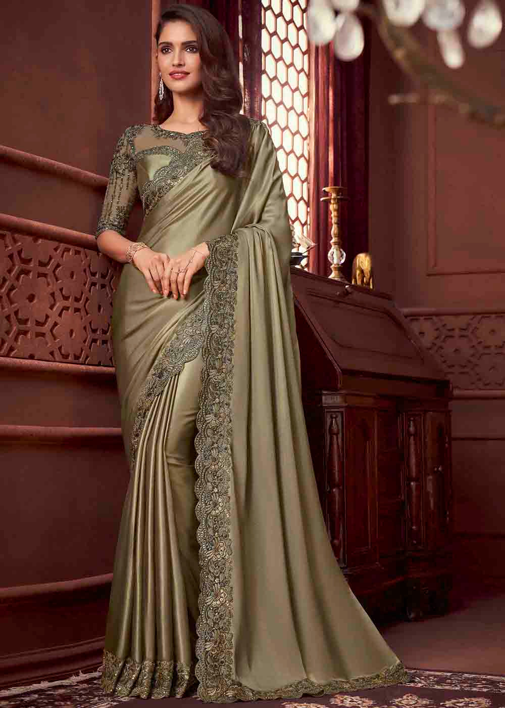 Buy MySilkLove Domino Brown Shimmer Satin Designer Saree Online