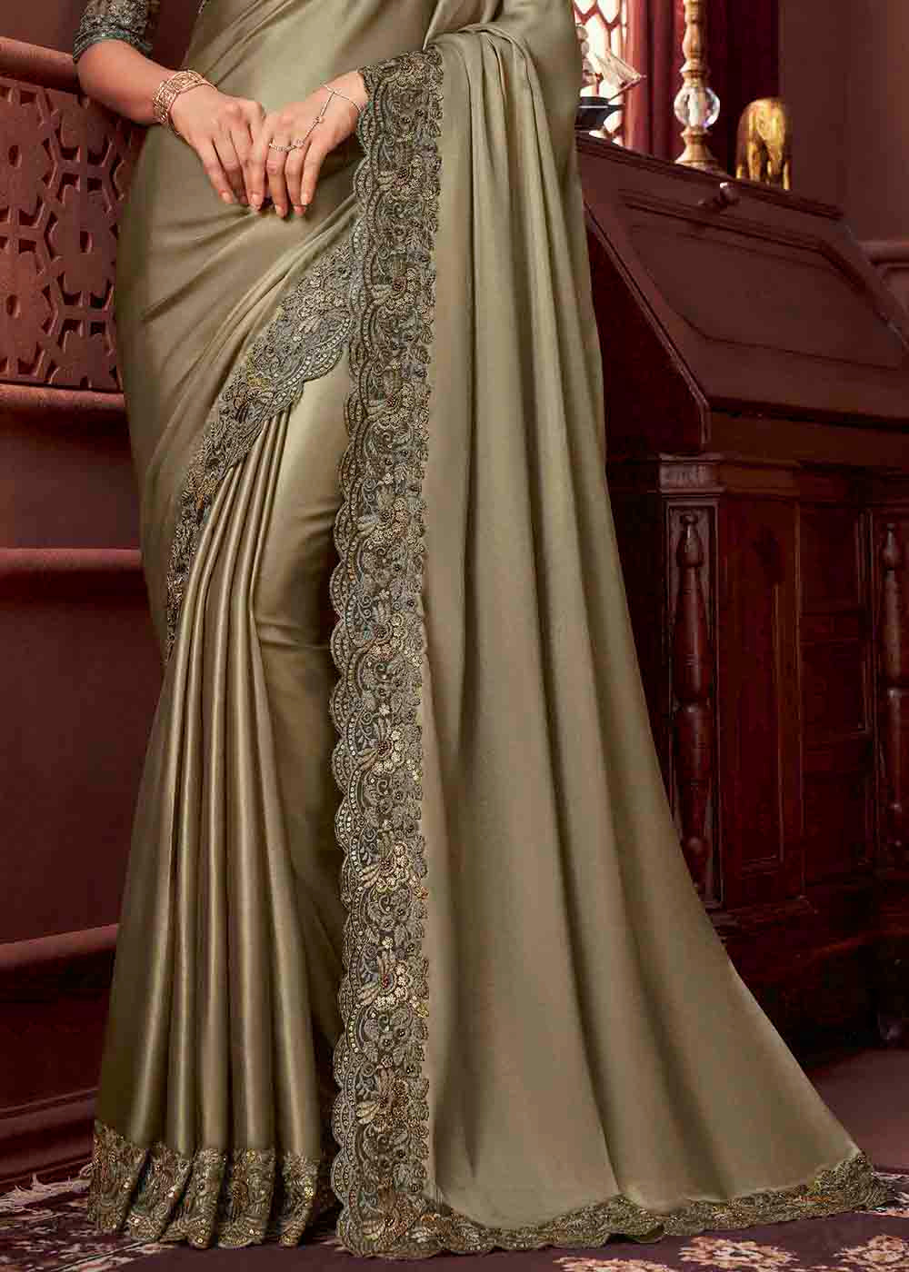 Buy MySilkLove Domino Brown Shimmer Satin Designer Saree Online