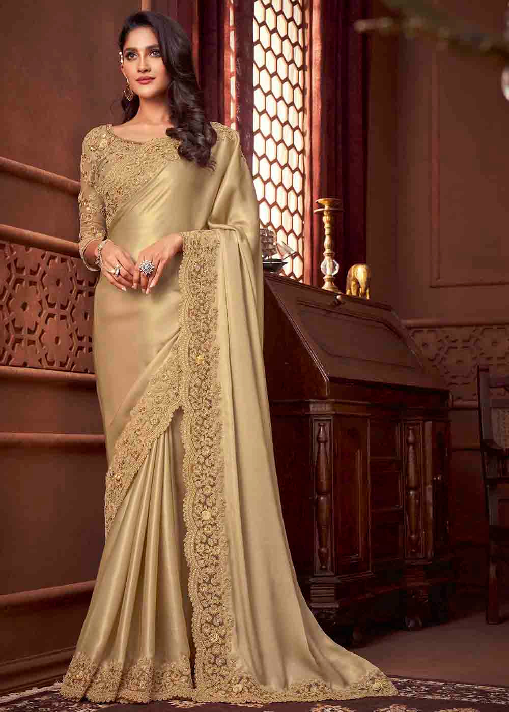 Buy MySilkLove Maize Golden Shimmer Satin Designer Saree Online