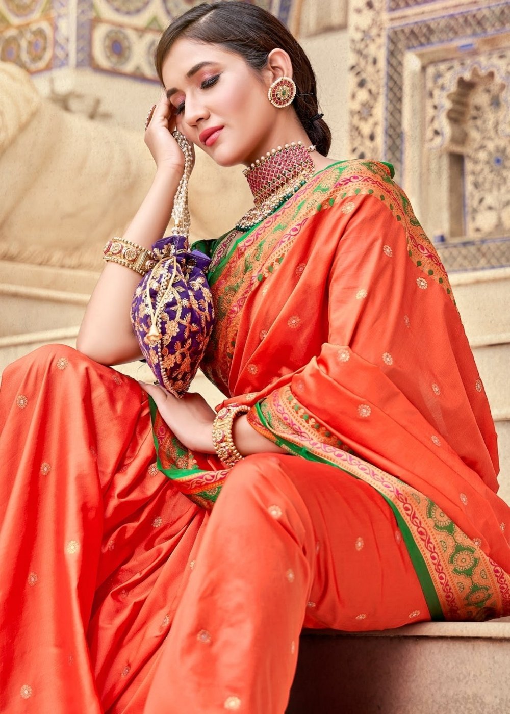 Buy MySilkLove Mandarin Pearl Orange Zari Woven Banarasi Saree Online