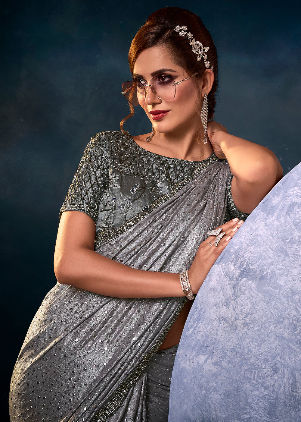 Buy MySilkLove Dusty Grey Designer Silk Saree Online