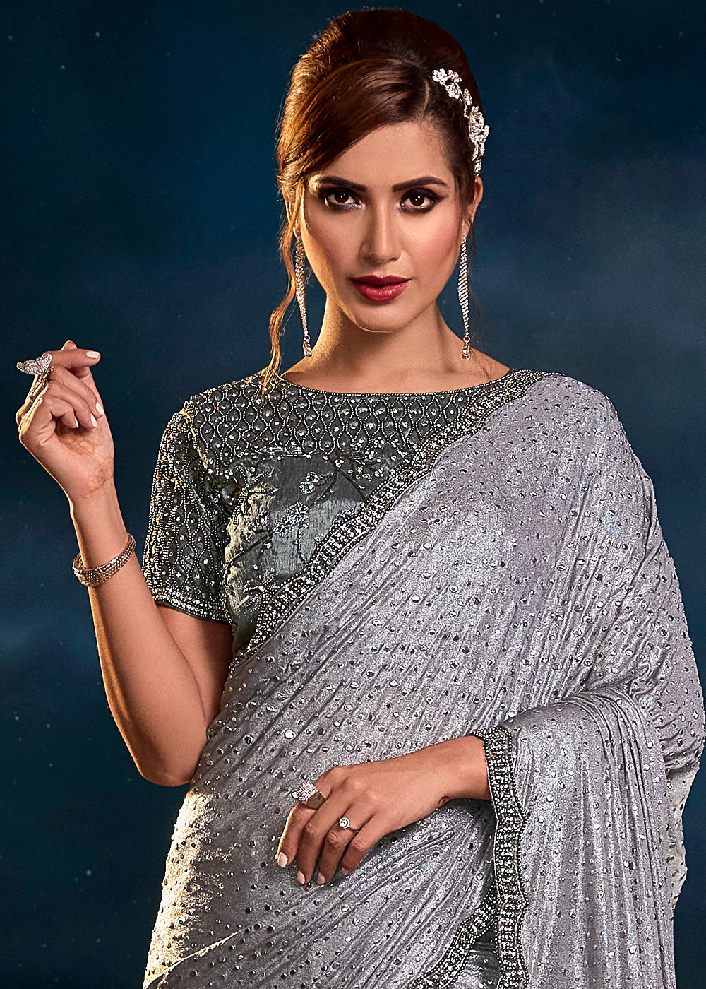 Buy MySilkLove Dusty Grey Designer Silk Saree Online