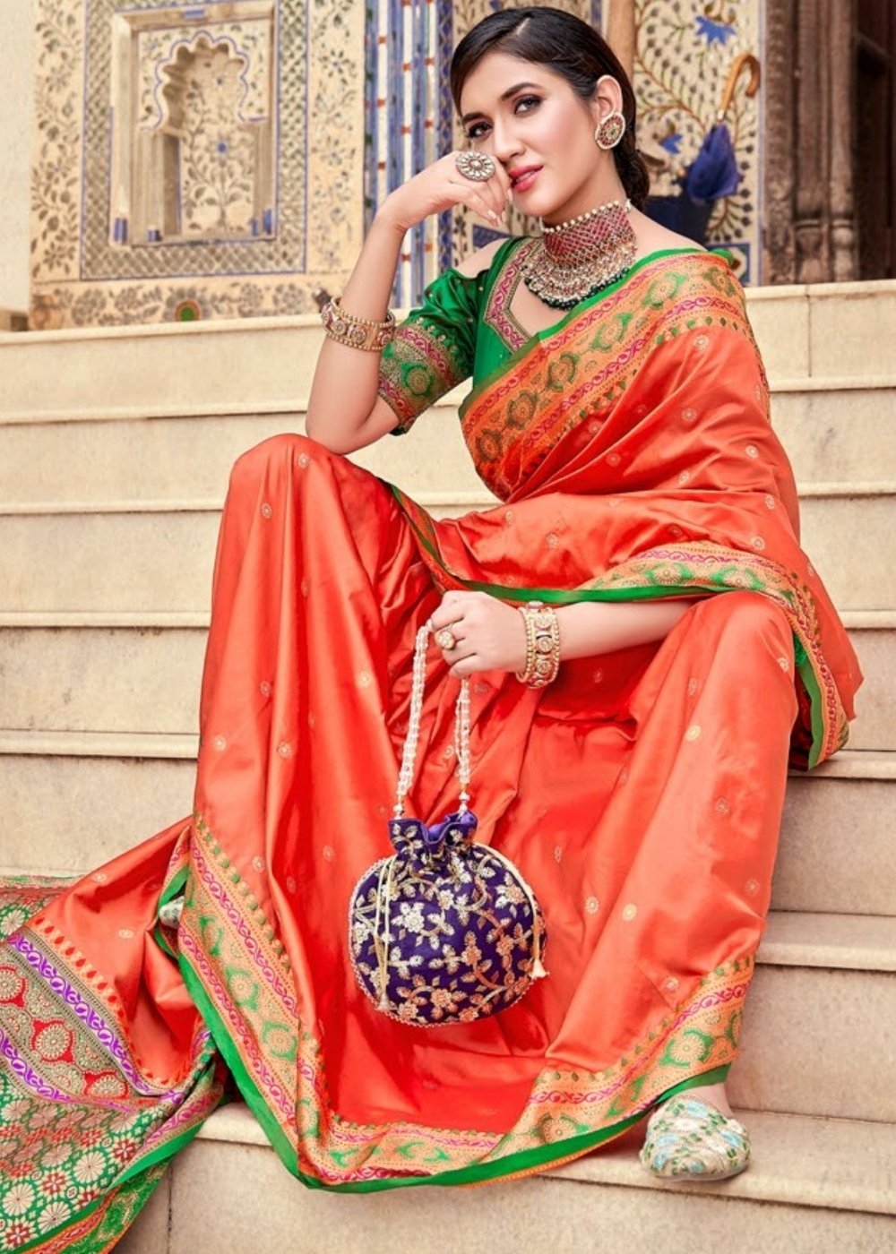 Buy MySilkLove Mandarin Pearl Orange Zari Woven Banarasi Saree Online