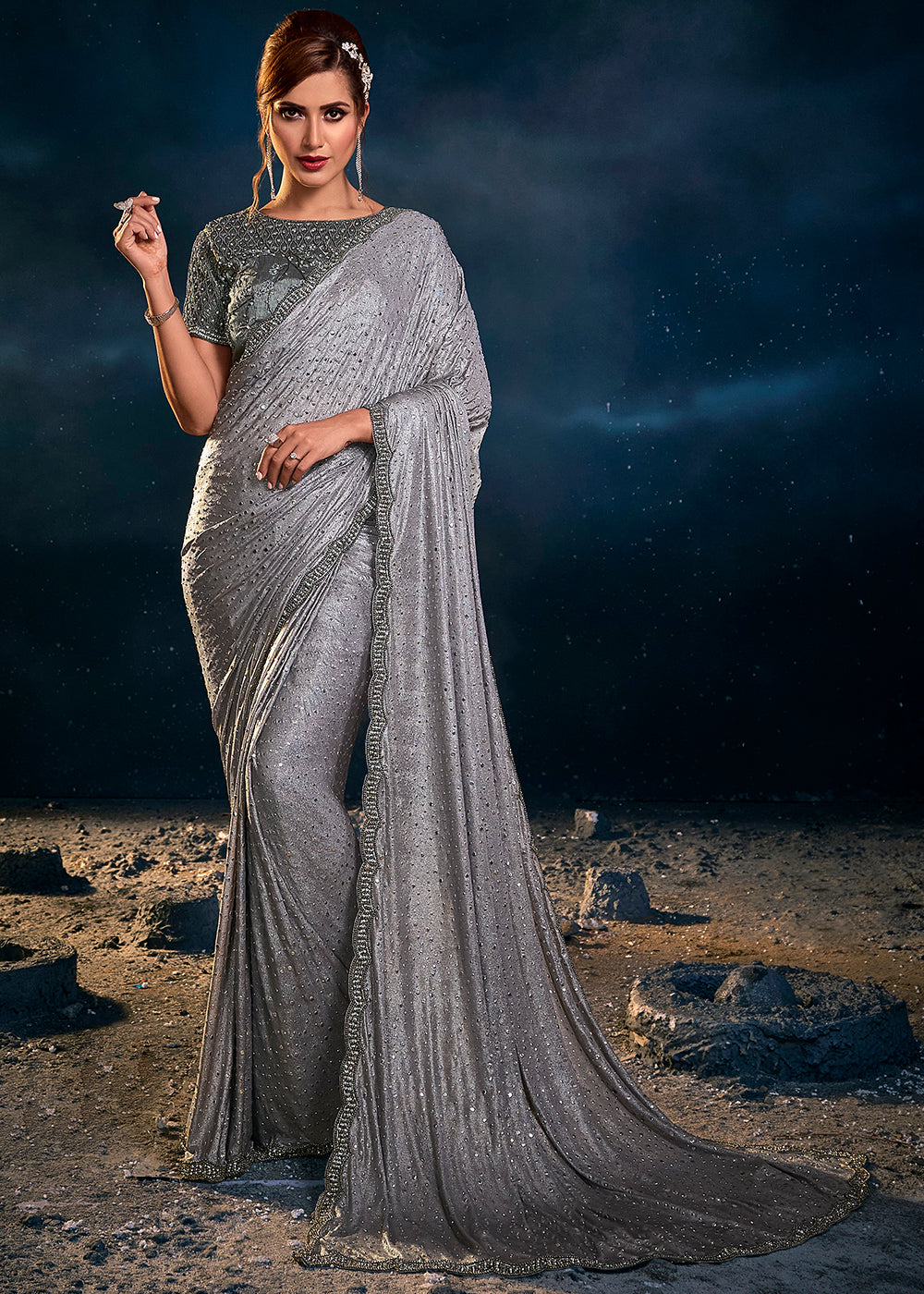 Buy MySilkLove Dusty Grey Designer Silk Saree Online