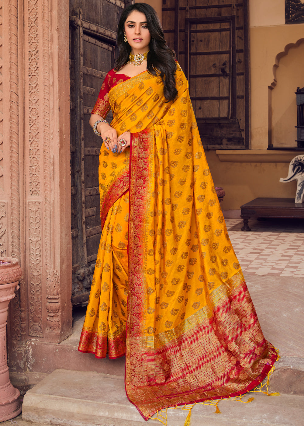 Buy MySilkLove California Yellow Woven Banarasi Raw Silk Saree Online