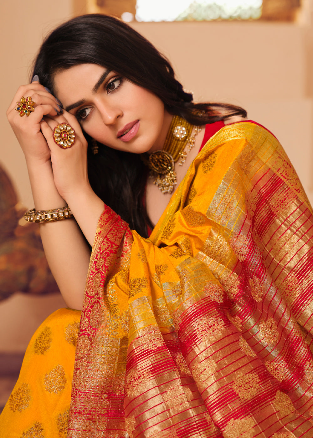 Buy MySilkLove California Yellow Woven Banarasi Raw Silk Saree Online