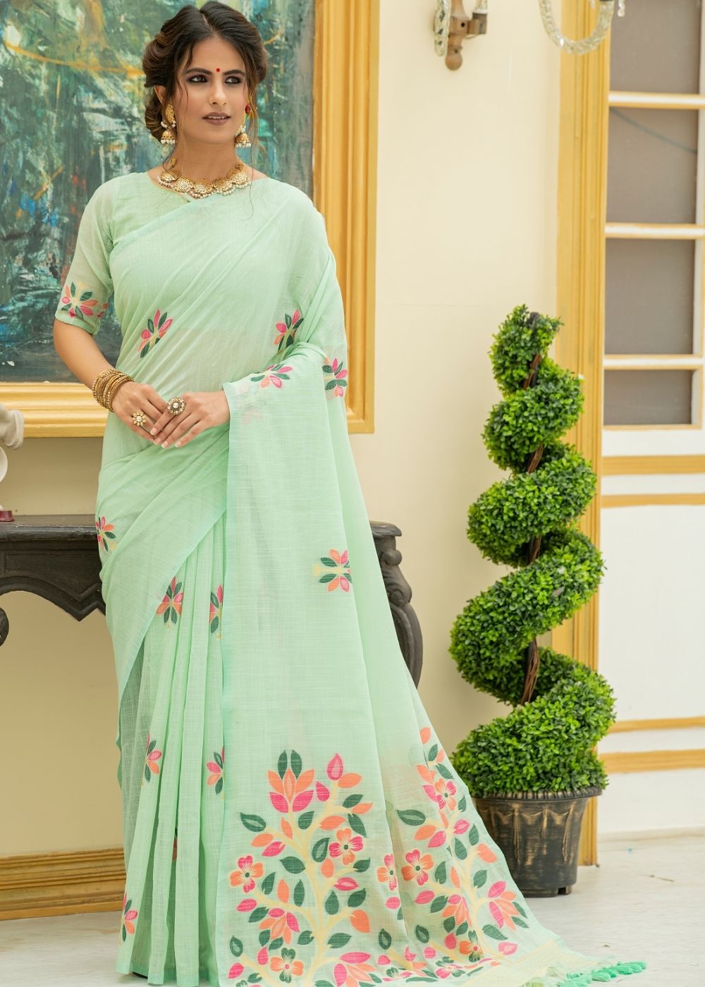 Buy MySilkLove Pixie Green Printed Linen Saree Online