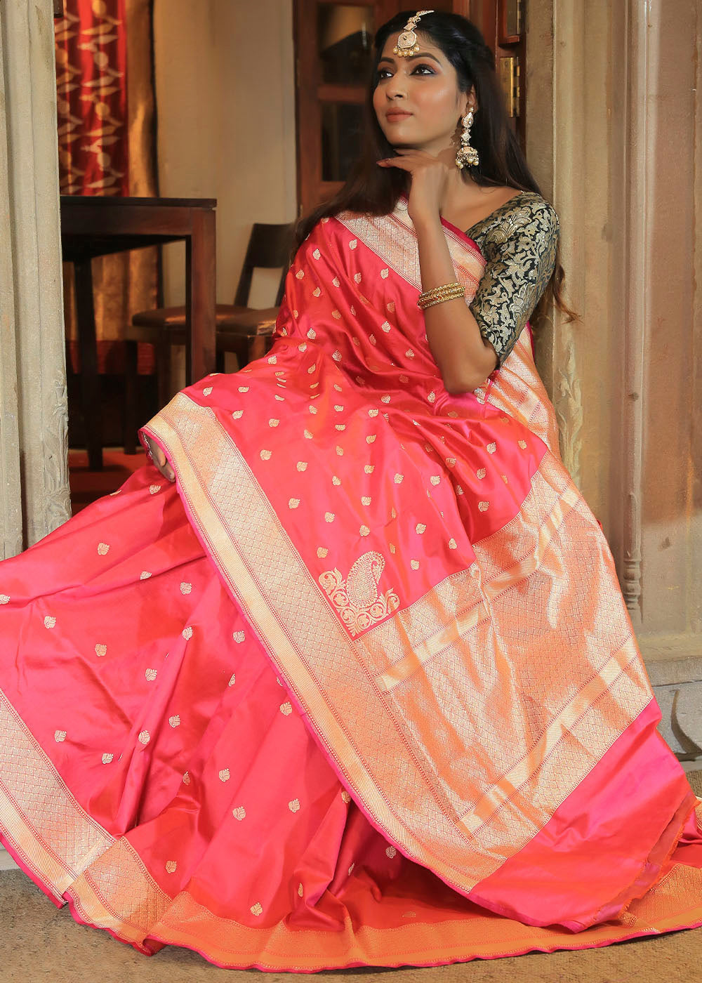 Buy MySilkLove Fiery Rose Katan Pure Silk Handwoven Konia Booti Saree Online