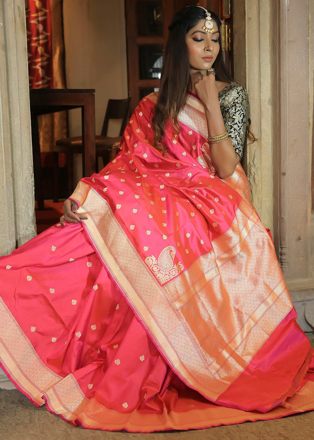 MySilkLove Fiery Rose Katan Pure Silk Handwoven Konia Booti Saree