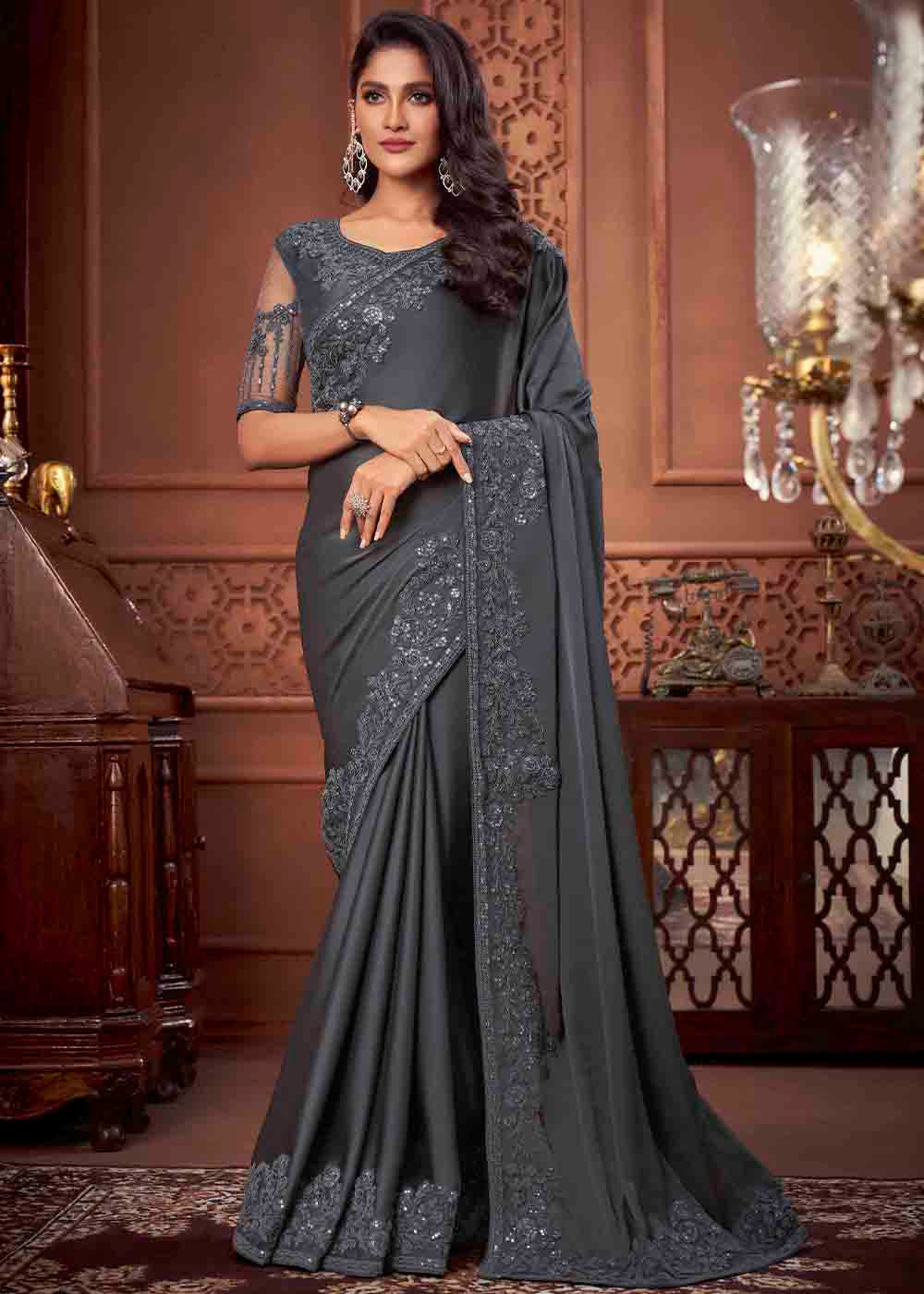 Buy MySilkLove Scarpa Grey Chiffon Designer Saree Online