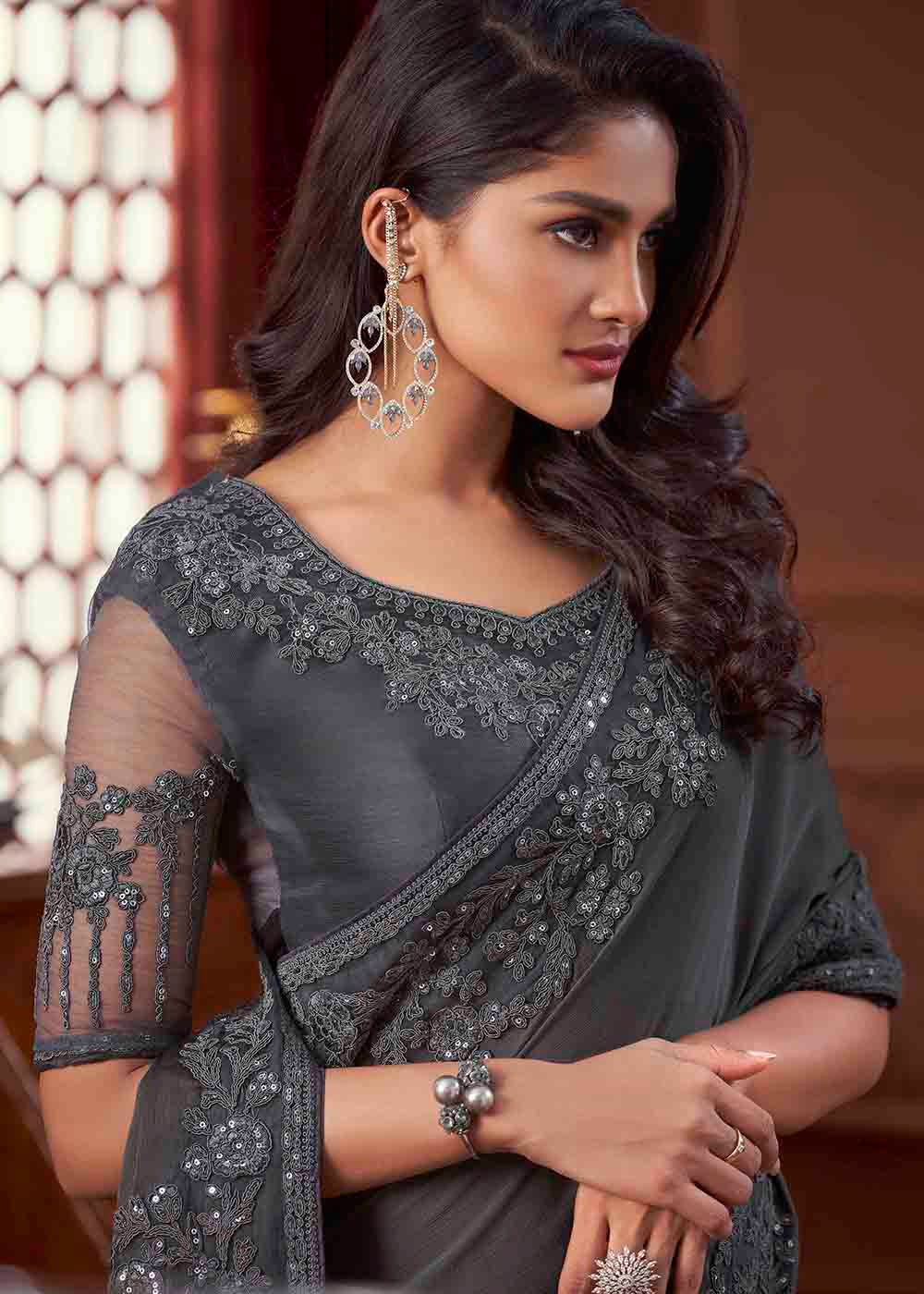 MySilkLove Scarpa Grey Chiffon Designer Saree