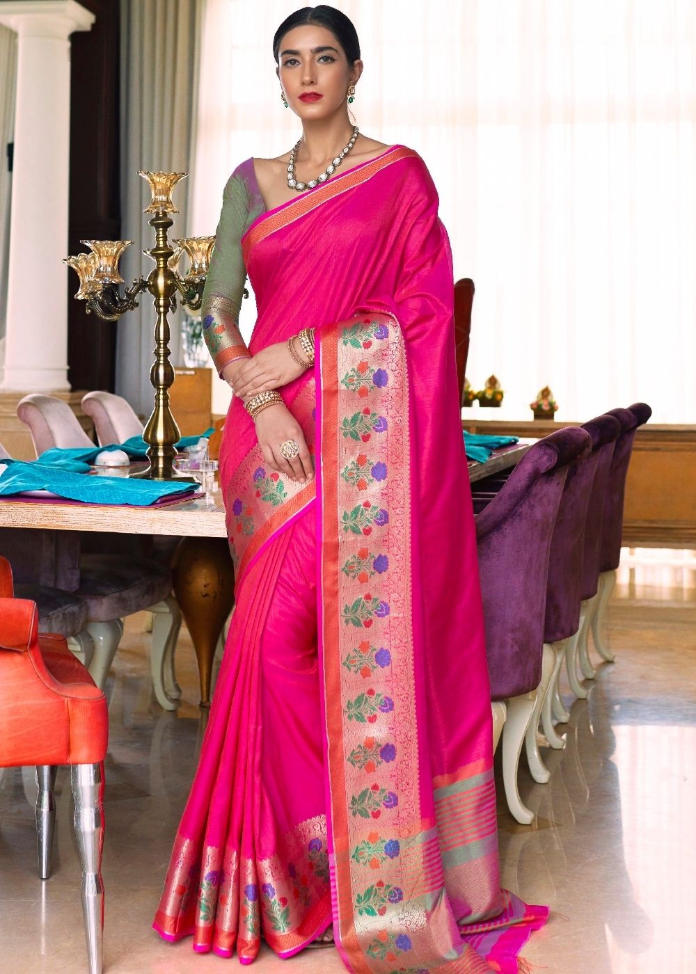 Buy MySilkLove Fiery Rose Pink Zari Woven Banarasi Handloom Saree Online