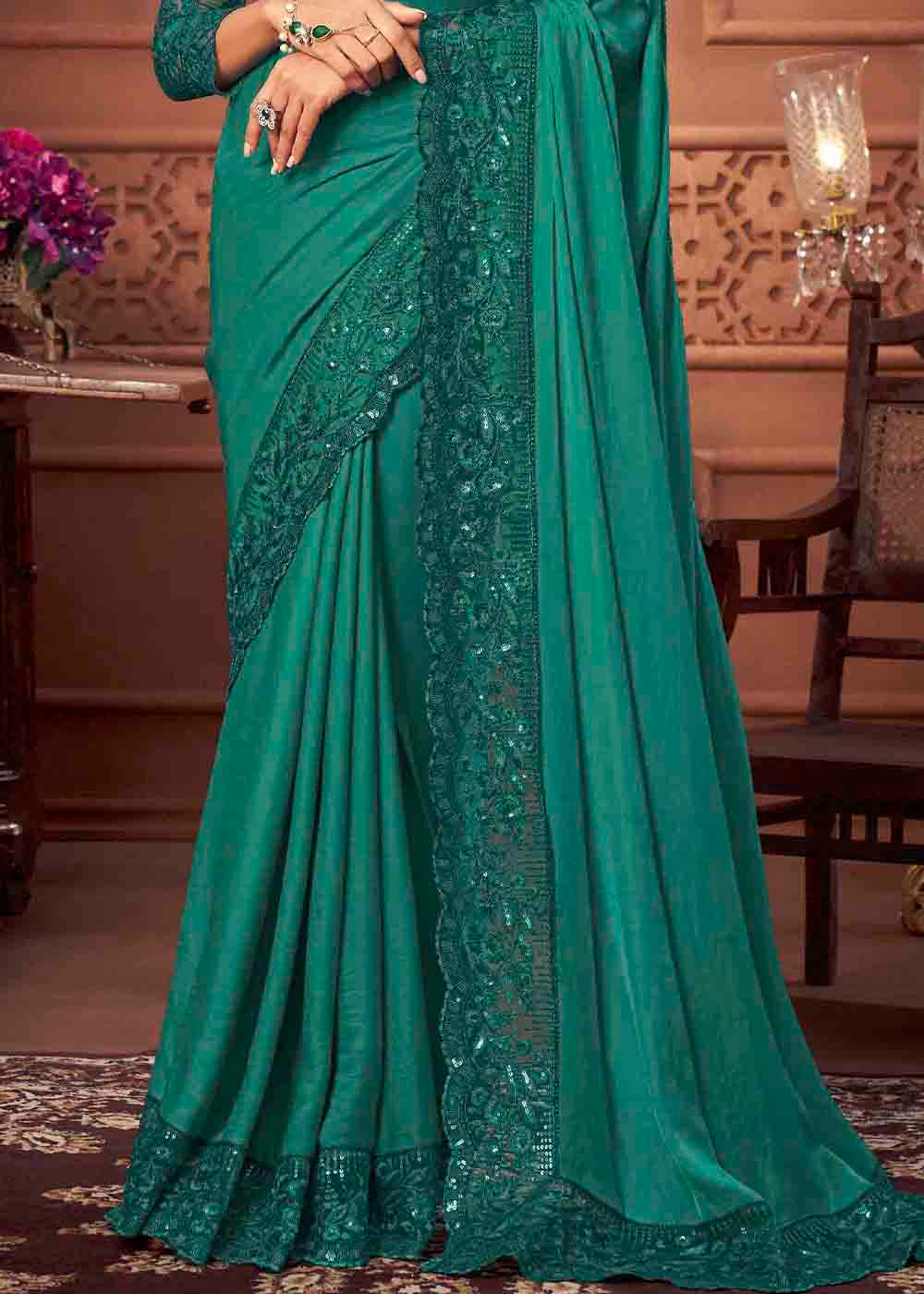 Buy MySilkLove Paradiso Green Designer Silk Saree Online