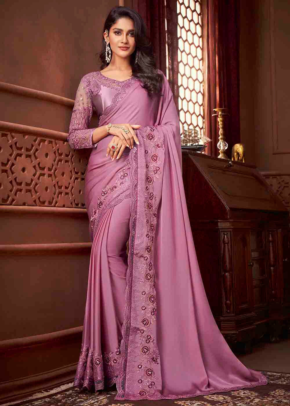 Buy MySilkLove Charm Pink Satin Silk Designer Saree Online