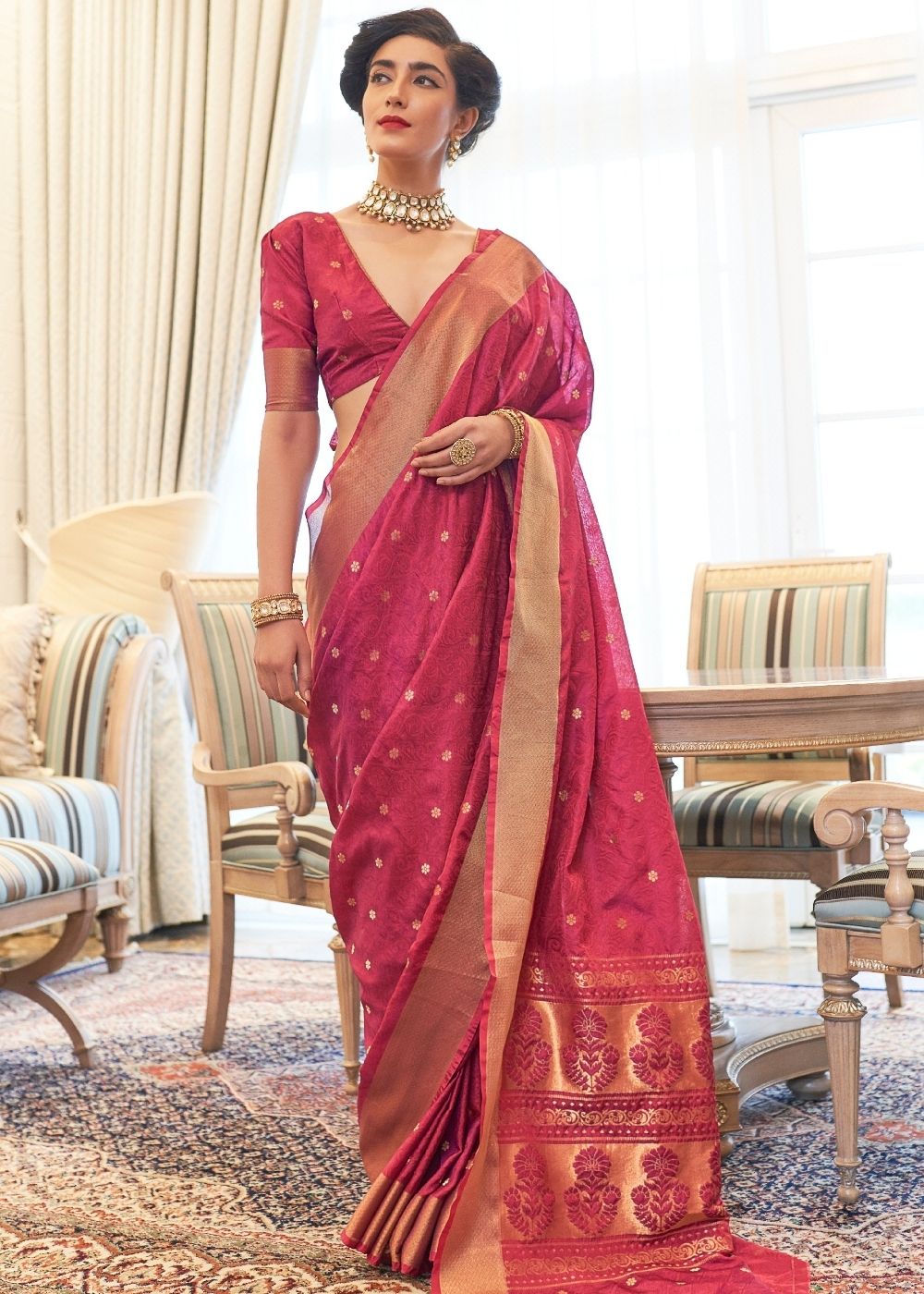 Buy MySilkLove Crail Dark Pink Zari Woven Soft Kanjivaram Saree Online