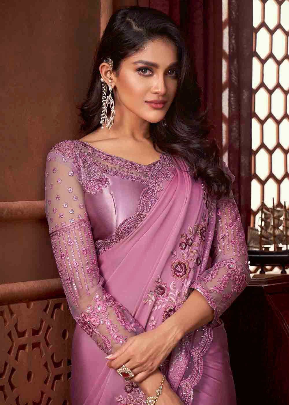 MySilkLove Charm Pink Satin Silk Designer Saree