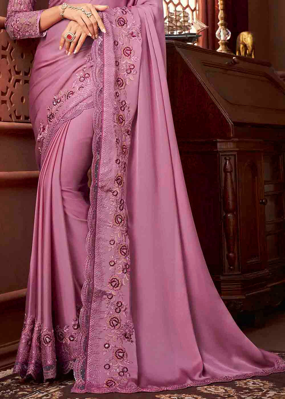 Buy MySilkLove Charm Pink Satin Silk Designer Saree Online