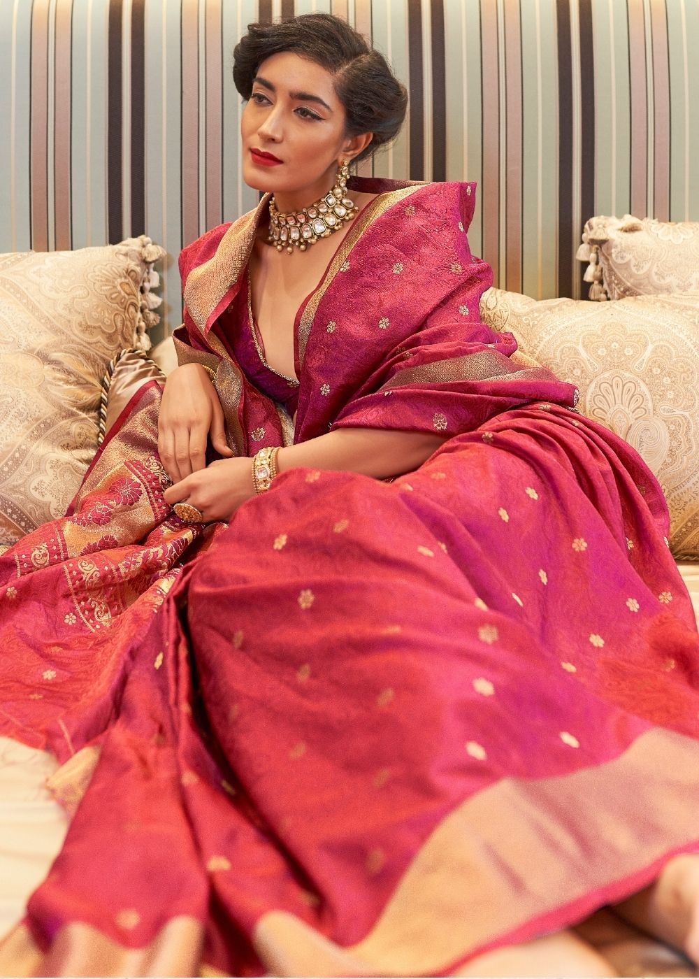 Buy MySilkLove Crail Dark Pink Zari Woven Soft Kanjivaram Saree Online