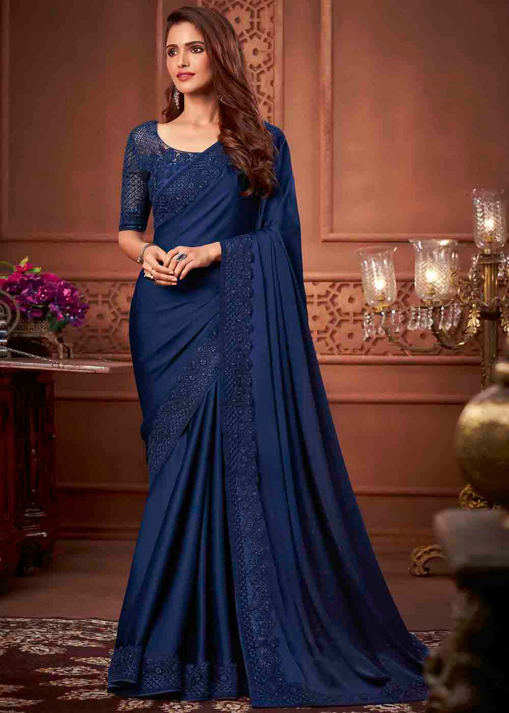 Buy MySilkLove Rhino Dark Blue Designer Silk Saree Online