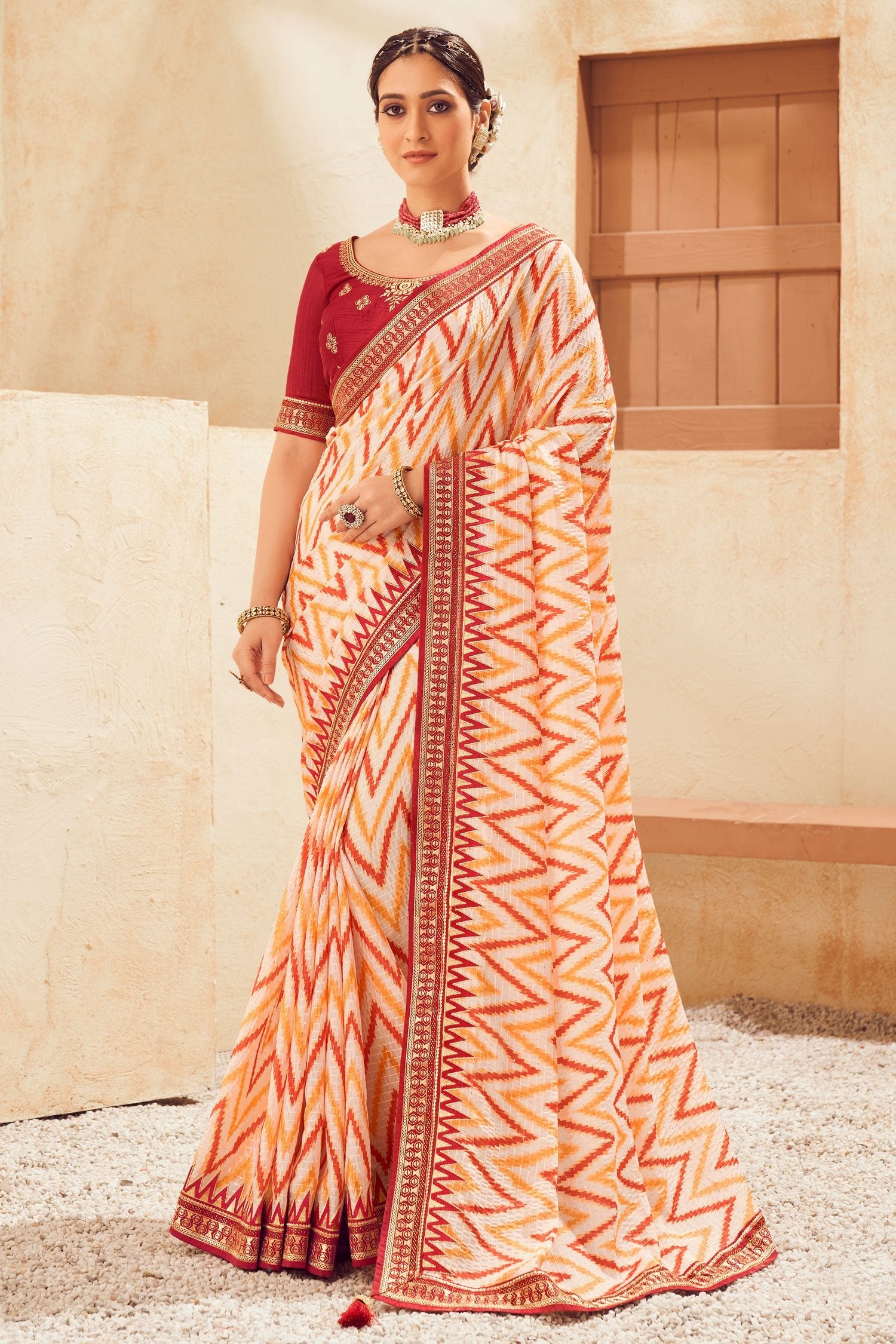 MySilkLove Barley White and Maroon Embroidered Chinon Saree